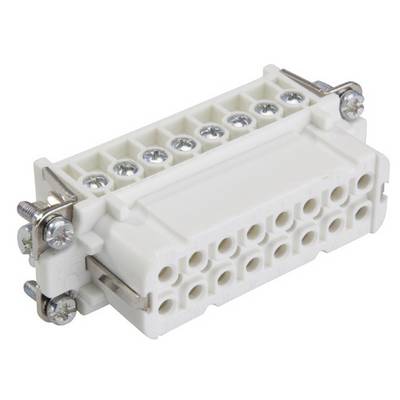 A white, rectangular electrical connector with multiple screw terminals and metal clips for securing.