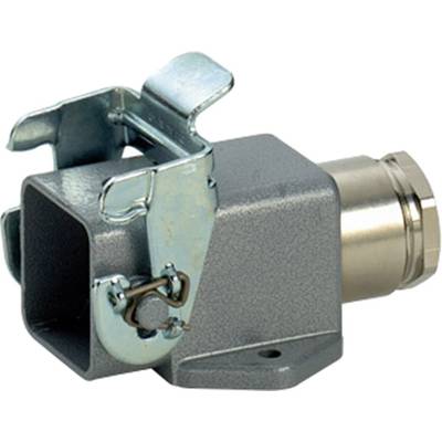 Metallic industrial connector with a clamp bracket on a grey background, used for securing cables in industrial applications.