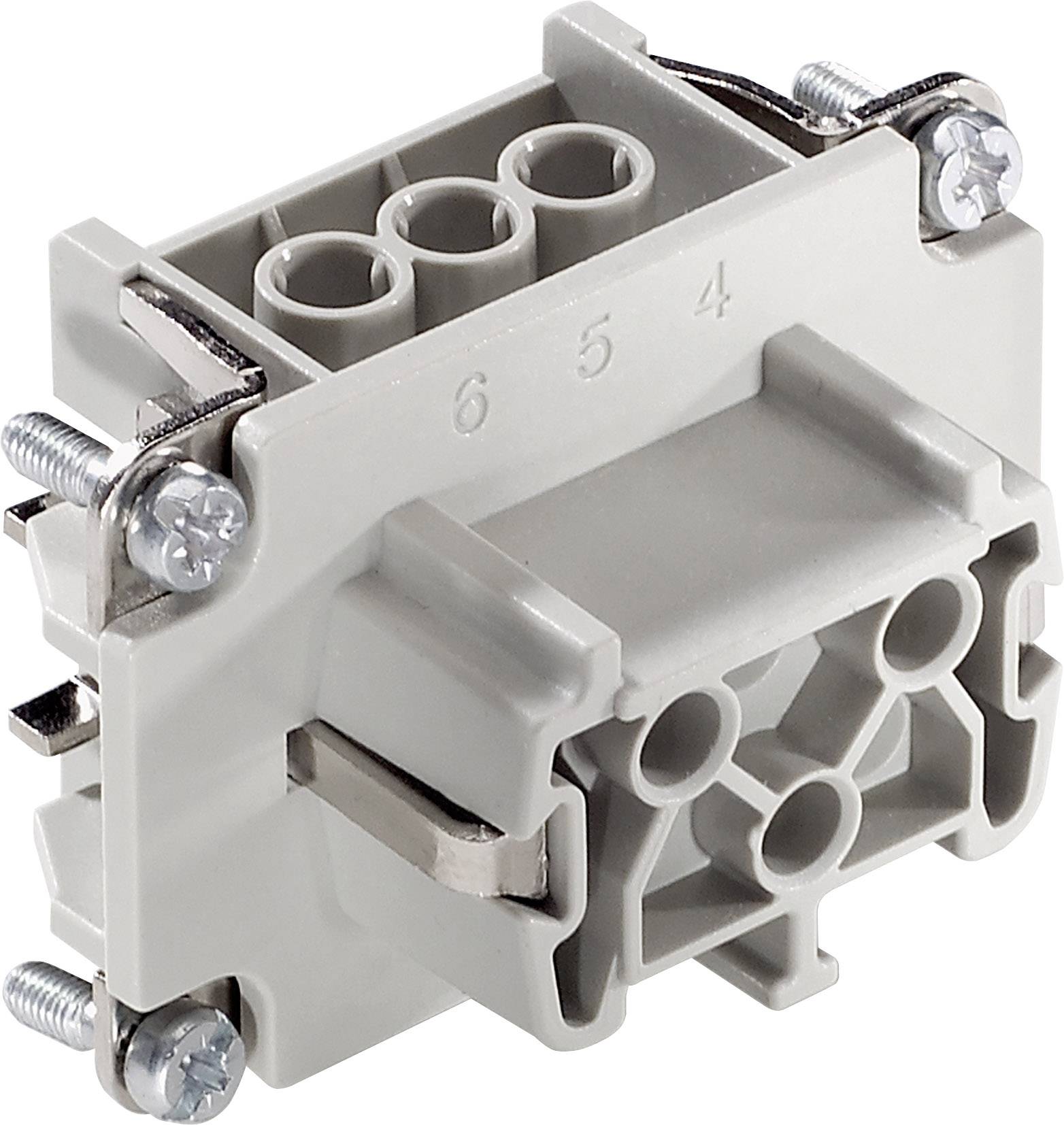 Grey-white electrical plug connector with three circular socket positions and screw fastenings, for industrial applications.