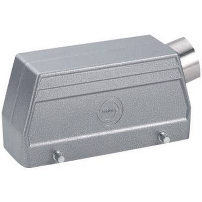 A rectangular, grey industrial enclosure with two screw connections at the bottom and a circular logo in the centre.