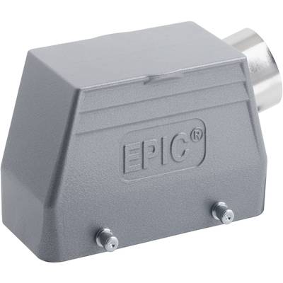 Grey painted metal enclosure with 'EPIC' inscription, mounted with two screws, showing a cylindrical connection on the right side.