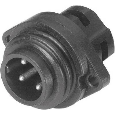 A black, round electrical connector with multiple pins, used for technical or electronic connections.