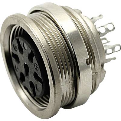 A round, metallic electrical connector with multiple pins, for connecting electrical devices, side view.