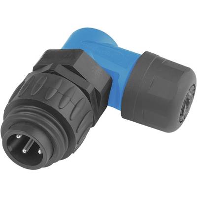 An L-shaped connector with blue and black components. Primarily used for industrial applications or networks.
