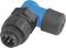 An L-shaped connector with blue and black components. Primarily used for industrial applications or networks.