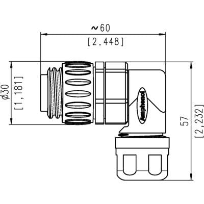 Technical drawing of an angled plug with dimensional specifications: length approx. 60 mm, diameter approx. 30 mm, height 57 mm. Marking: 'Amphenol'.