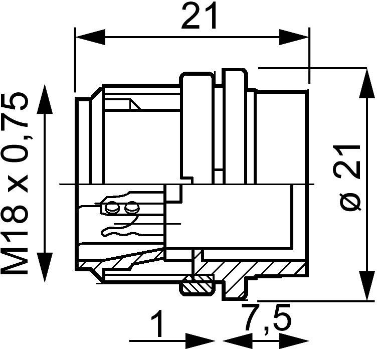 Technical drawing of a component with dimensions: diameter of 21 mm, M18x0.75 thread, length of 7.5 mm.