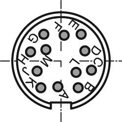 'Diagram of a 14-pin circular connector. Pins are alphabetically labelled from A to N, starting at the bottom with A and ending with N on the left.'