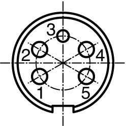 Diagram of a circular 5-pin connector, contacts numbered from 1 to 5. Shows socket layout and polarity.