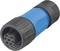A black, cylindrical plug with blue accents and multiple sockets, likely for electrical connections.