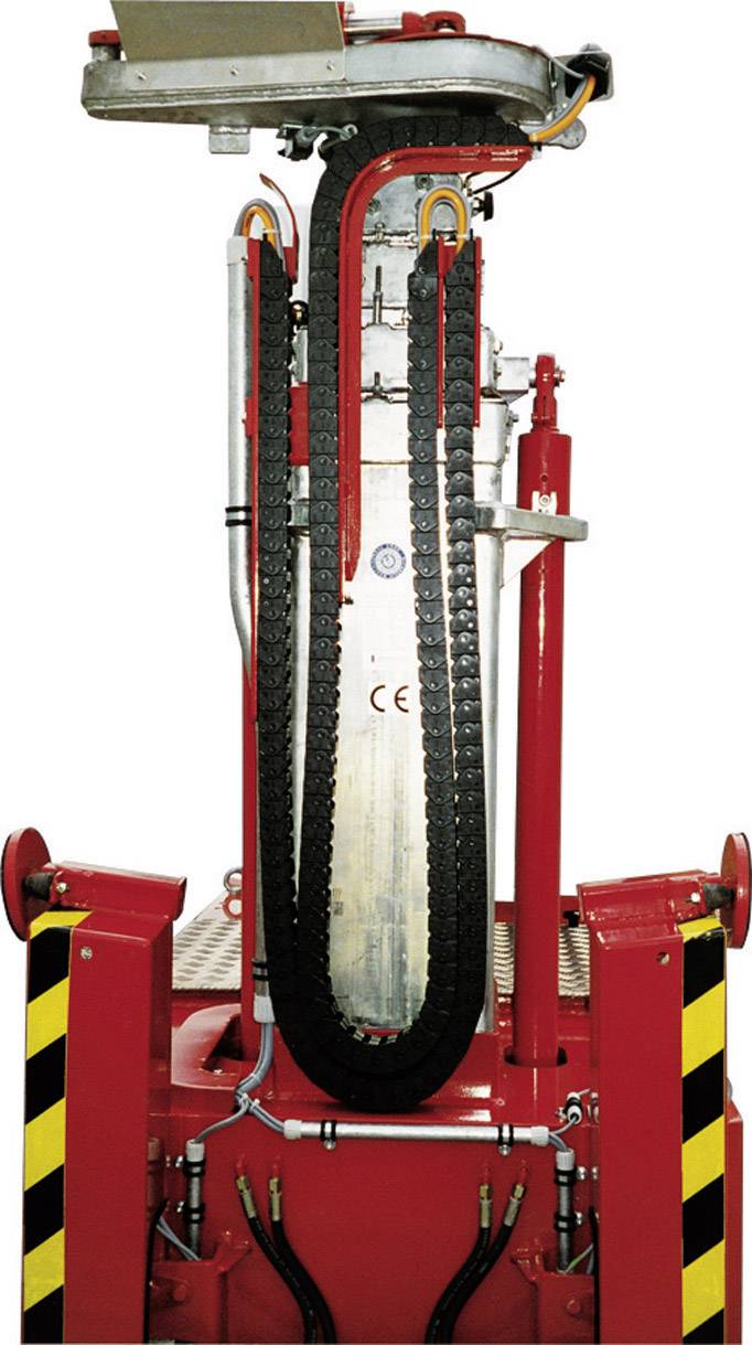 Red mechanical arm with hoses and chain mechanism, surrounded by yellow and black warning stripes, presumably for industrial applications.