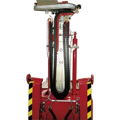 Red mechanical arm with hoses and chain mechanism, surrounded by yellow and black warning stripes, presumably for industrial applications.