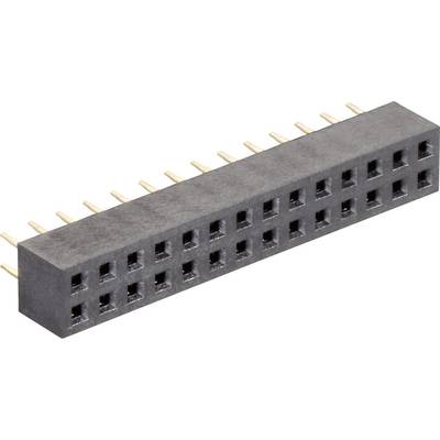 A 2x10-row, black pin header connector with 20 positions, suitable for electronic connections on printed circuit boards.