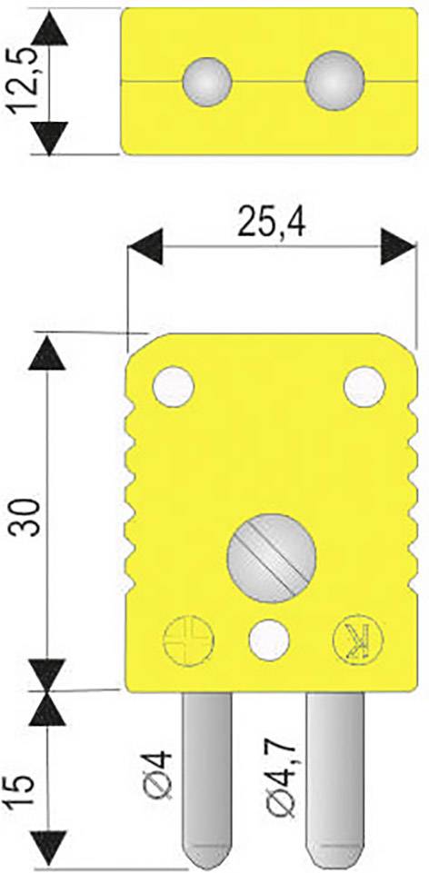 Technical drawing of a yellow plug with dimensions: 25.4 mm width, 30 mm height. Two round pins at the bottom, diameter 4.7 mm.