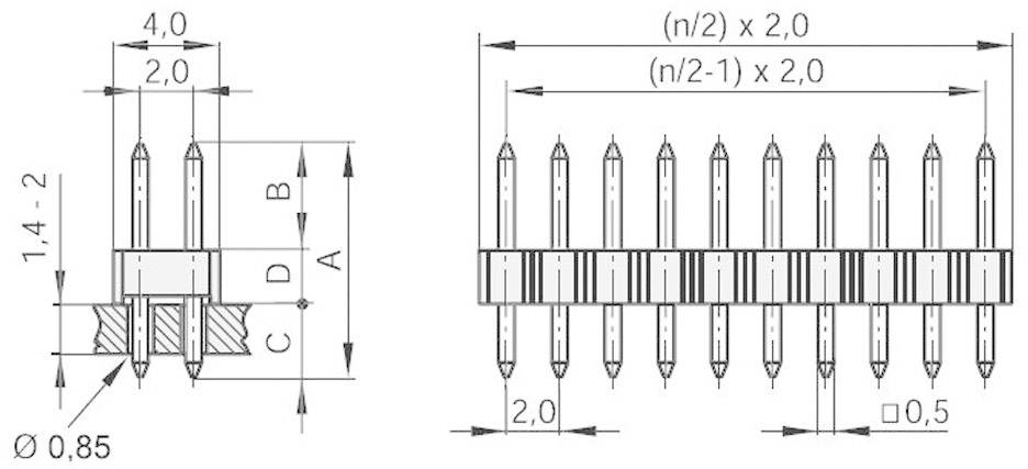 Technical drawing of a connector with dimensions. Shows pin spacing, diameters, and lengths for mounting purposes.