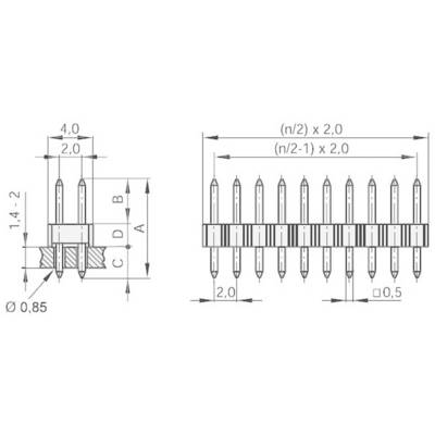 Technical drawing of a connector with dimensions. Shows pin spacing, diameters, and lengths for mounting purposes.