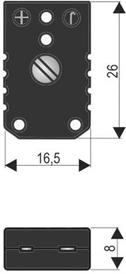 Technical drawing of a rectangular component with dimensions: 26 mm height, 16.5 mm width, 8 mm thickness. Drill holes and symbols visible.