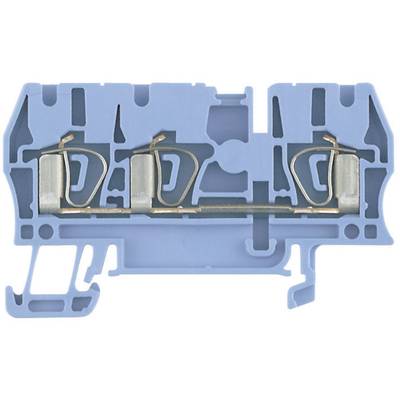 Blue terminal block with copper bus bars and metal clips, suitable for industrial electrical applications.