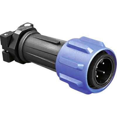 Blue, cylindrical multi-contact connector suitable for connecting electrical devices or cables.