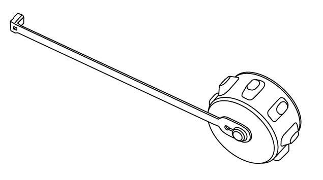 A tape measure that is unrolled. It has a round casing with measurement markings and buttons. A tool for measuring length.