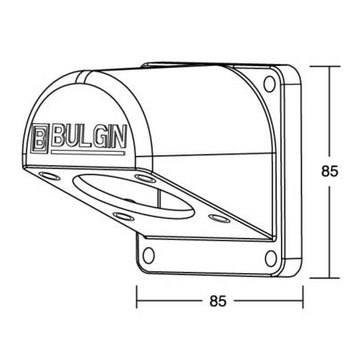 Technical drawing of a right-angled bracket with the inscription 'BULGIN'. Dimensions are 85x85 mm. Mounting holes visible.