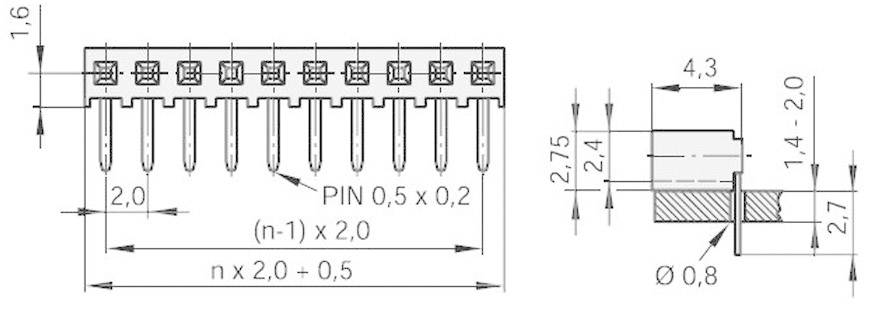 Figure shows a technical drawing of an electronic connector in cross-section with dimensions for height, width, and connection pins.