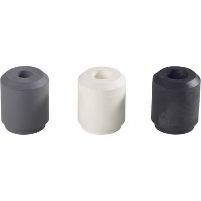 Three foam rollers in black, white, and dark grey placed side by side. Each roller has a central hole and a smooth surface.