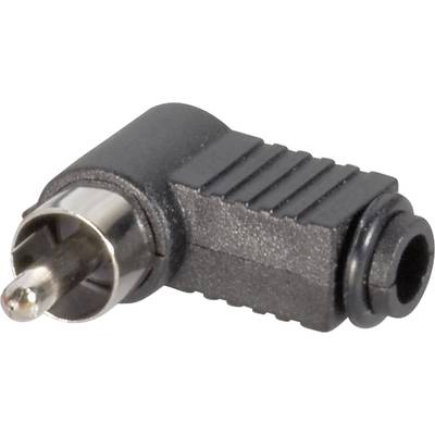 'Right-angled RCA plug' shows a male RCA audio connector with an angled housing, designed for space-saving connection in confined spaces.