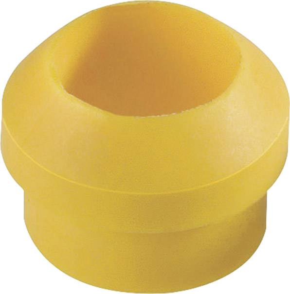A yellow, tubular plastic component with a broad base and a tapered, round opening at the top.