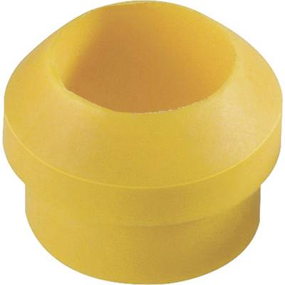 A yellow, tubular plastic component with a broad base and a tapered, round opening at the top.