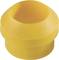 A yellow, tubular plastic component with a broad base and a tapered, round opening at the top.