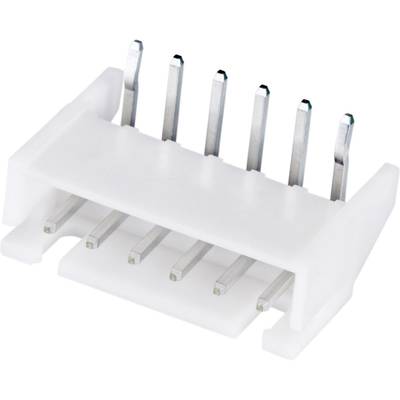 A white, rectangular electrical connector with six silver metal pins.