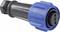 Industrial socket: cylindrical, black, blue cable termination, robust plastic housing for heavy-duty applications.