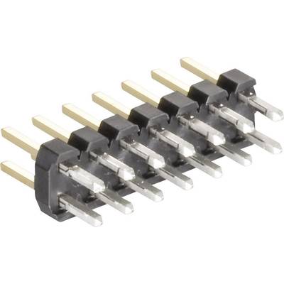 An eight-pin, straight pin header connector in black and gold with two rows of metal pins for electronic connections.