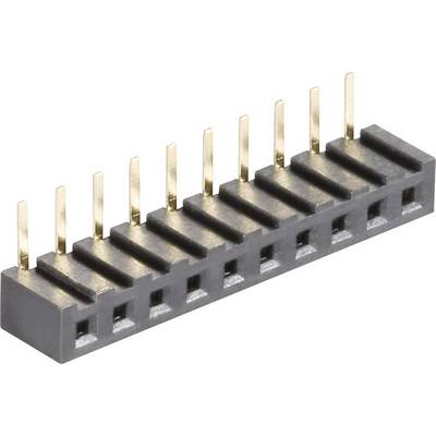 A black, rectangular connector with gold pins in two rows used for electronic applications.