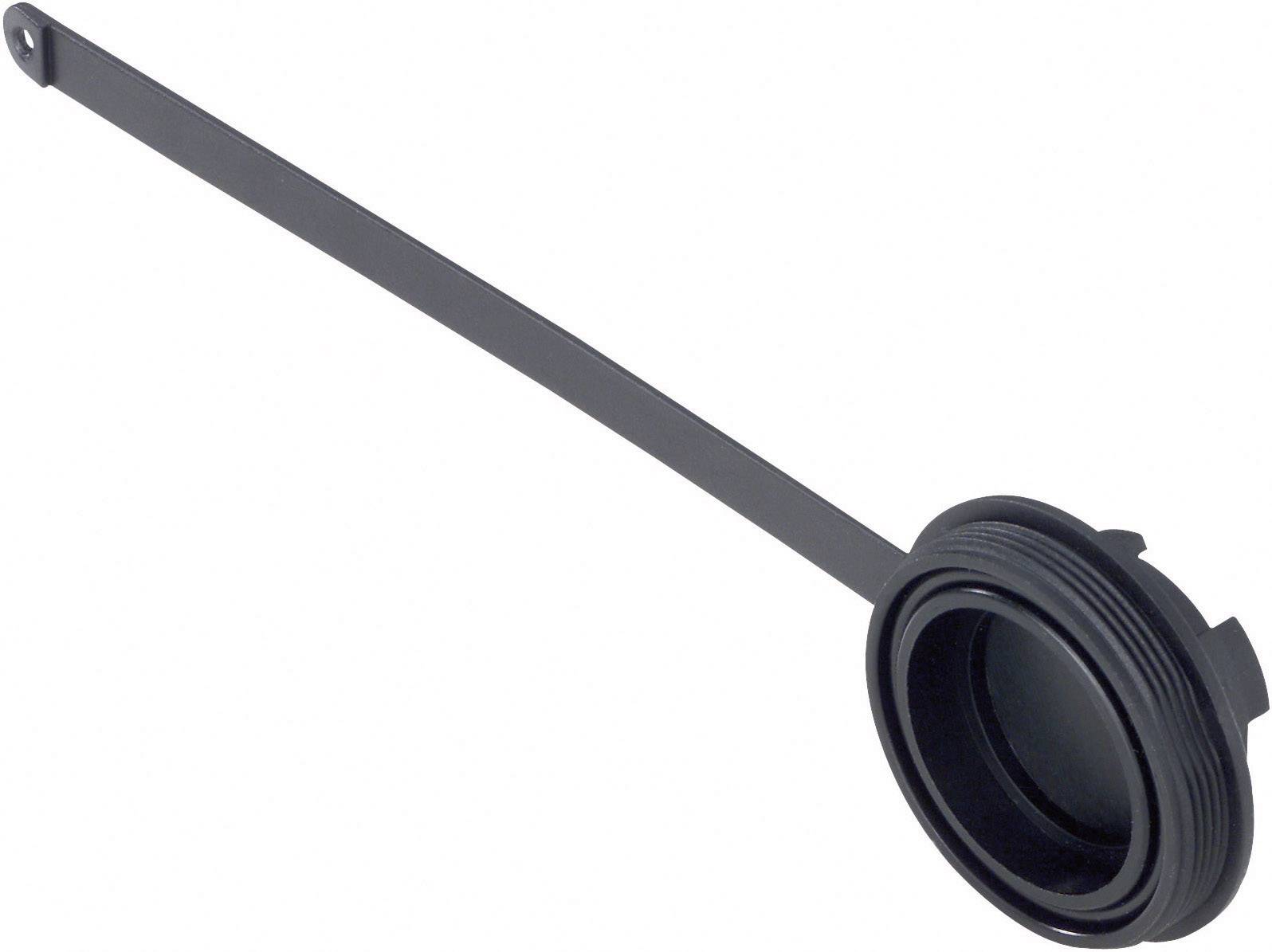 Black plastic closure with long tab, suitable for sealing a container.
