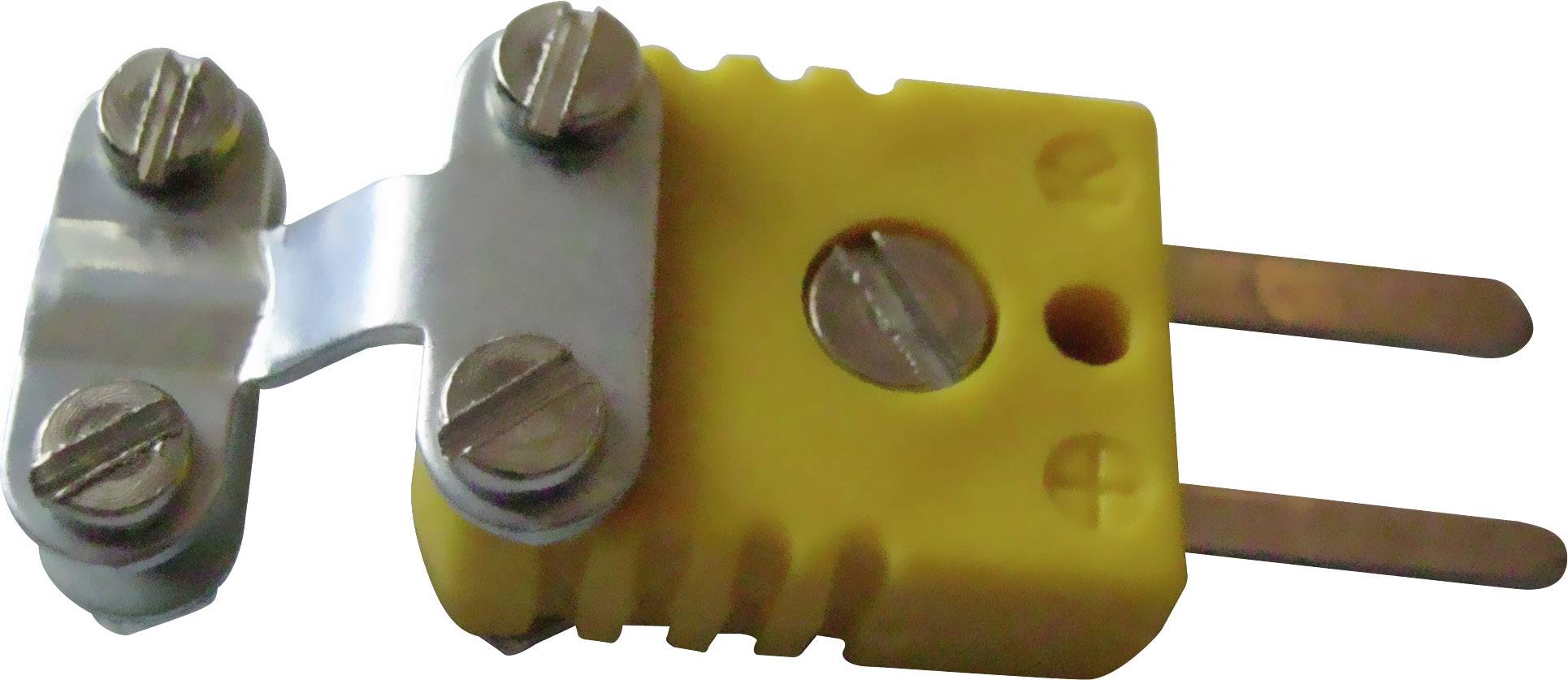 Yellow thermocouple plug with metal contacts, suitable for measuring devices used in temperature monitoring for scientific applications.