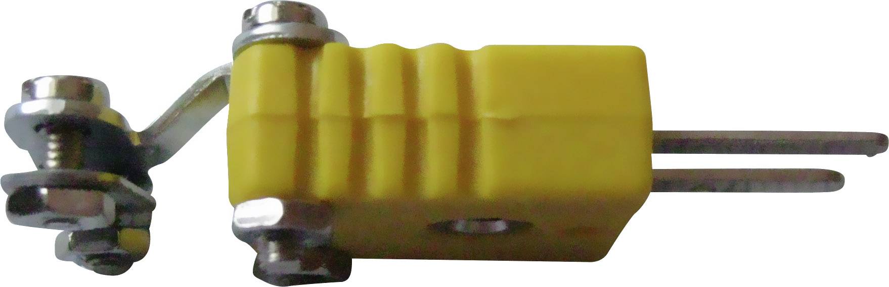 Yellow thermocouple plug, rectangular in shape with a ribbed surface, two metal pins and a screw connection for cable attachment.