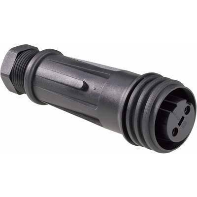 A black electrical cable connector with a ribbed surface and multiple grooves for secure connection.