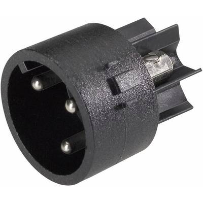 Black round adapter with three silver contact pins, commonly used to connect electronic devices.