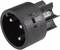 Black round adapter with three silver contact pins, commonly used to connect electronic devices.