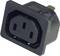 A black plastic mains plug, rectangular with three rectangular holes, for electrical connections.