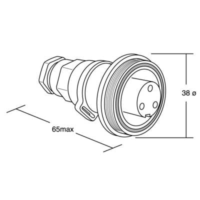 Technical drawing of a plug with dimensions: maximum length 65 mm and diameter 38 mm.
