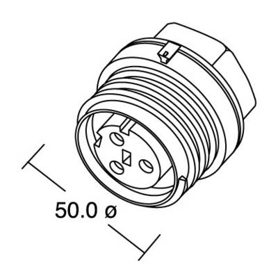 Linear drawing of a round connector with 50.0 mm diameter. Shows threading and three plug contacts, perspective view.