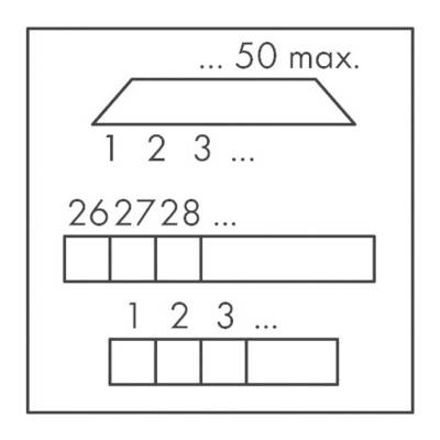 Diagram illustrates numerical sequences. At the top is a trapezoid with '...50 max.'. Below are two rows of numbers and boxes showing numbers up to 28.