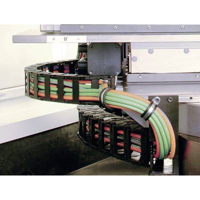 Industrial robotic arm with coloured cables in an energy chain guide.