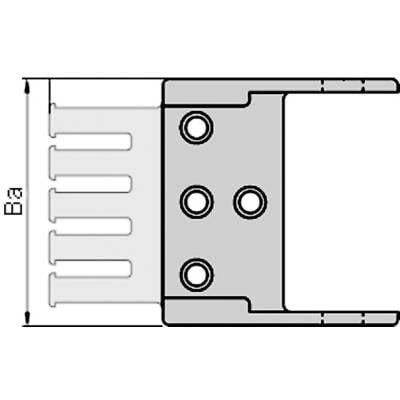Technical drawing of a component with side view. Shows dimensions, holes, and shape.