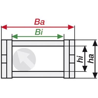 Technical drawing of a rectangular object with marked dimensions: Total length 'Ba', internal length 'Bi', external height 'ha' and internal height 'hi'.