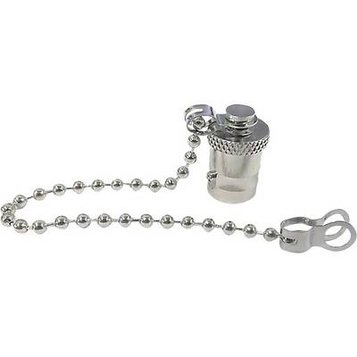 A silver-coloured plug with chain and clip, commonly used for sealing connections or valves.