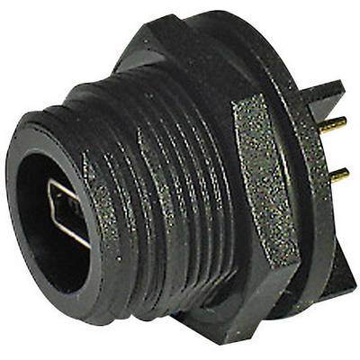 A black, hexagonal electronic plug with threading and three metal pins on the rear, suitable for connections in devices.